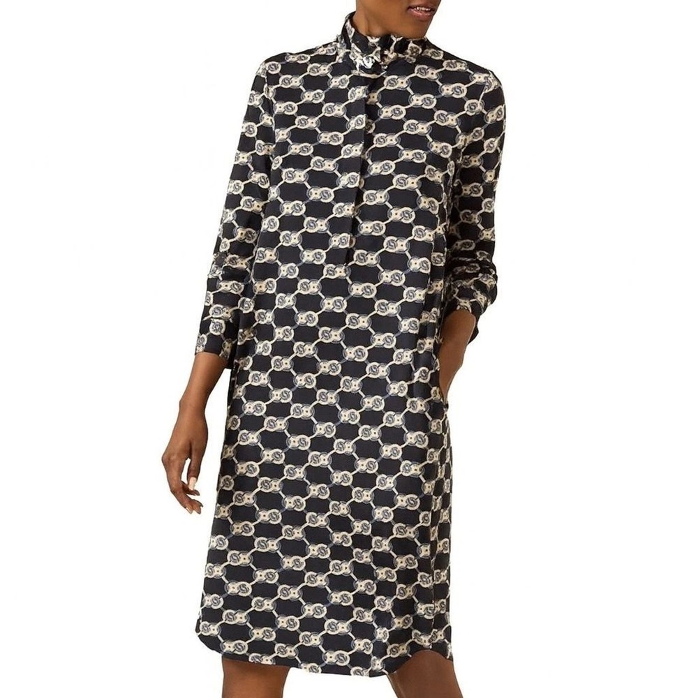 J.McLaughlin Black Chain Link Print 3/4 Sleeve Shirt Dress Collared Womens Small